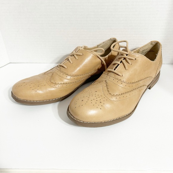 Cynthia Rowley Honey Oxford Leather Lace Up Wingtip Shoes Stacked Wooden Heel - Picture 1 of 14